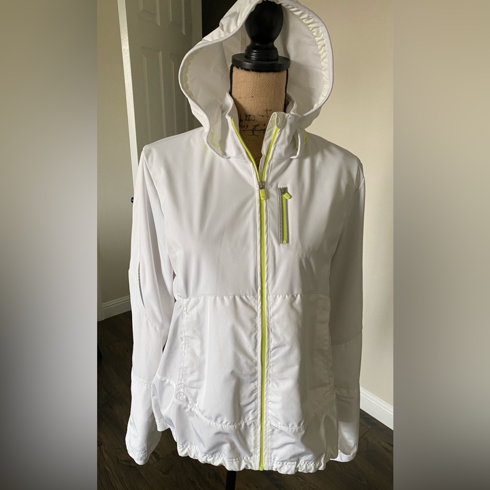Gap GapFit White yellow zip reflective hooded windbreaker, Sz L